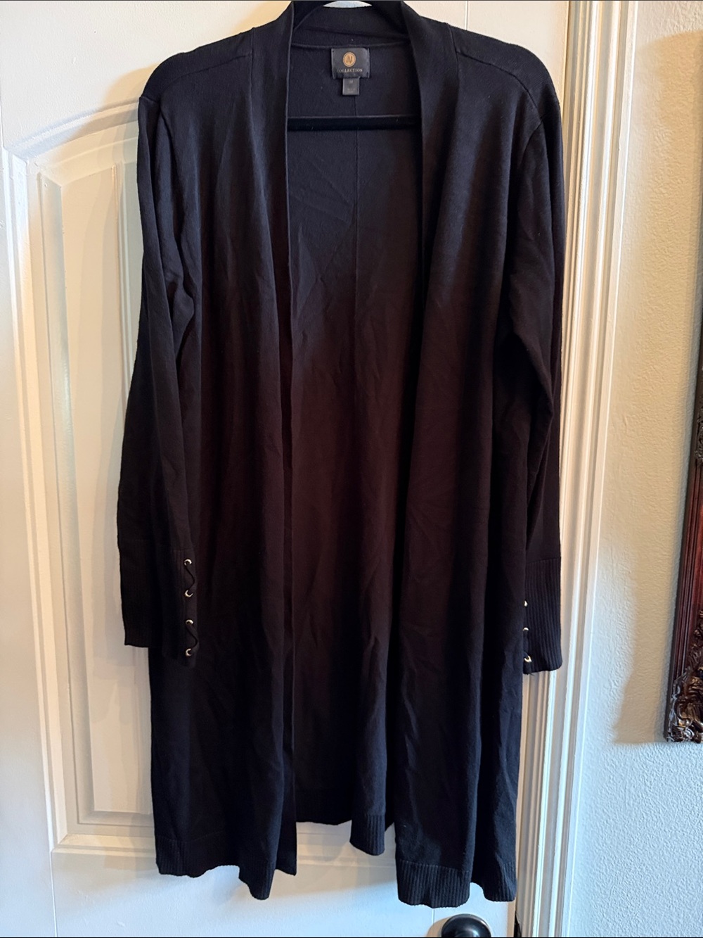 JM Collection Black Long Open-Front Cardigan with Grommet Cuffs
